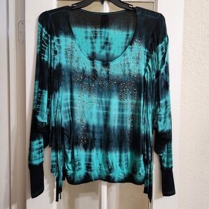 Vocal Studded Fringe Tie Dye Western Top Medium Teal Black Boho